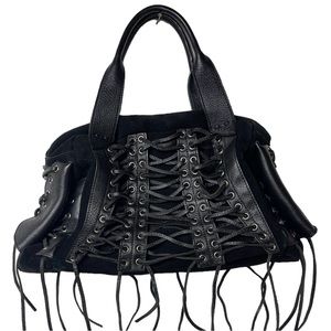 CBGB & OMFUG Home of Underground Black Suede & Leather Tassels Rivets Purse Bag